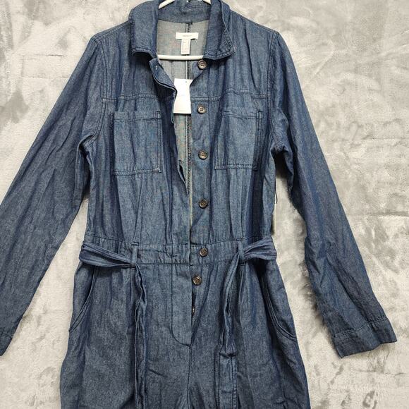 NEW Forever 21 Coverall Jumpsuit Womens M Blue Chambray Long Sleeve Tie Waist - Picture 6 of 15